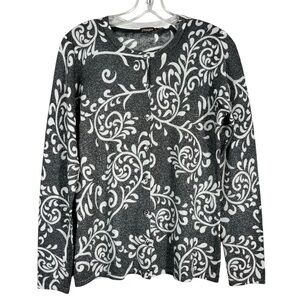 J. McLaughlin Gray Cream Damask Metallic Glitter Knit Button Down Cardigan Med M